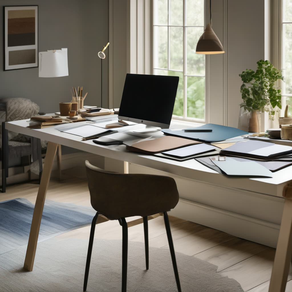 Home office workspace with countertop material samples fanned out, color swatches, design sketches, laptop, mood boards visible, natural window light, creative planning environment