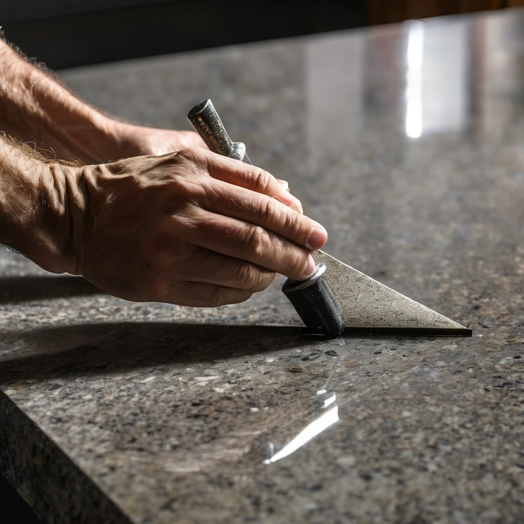 Close-up demonstration of edge sealing technique on granite countertop with professional application tools, showing craftsmanship and precision work