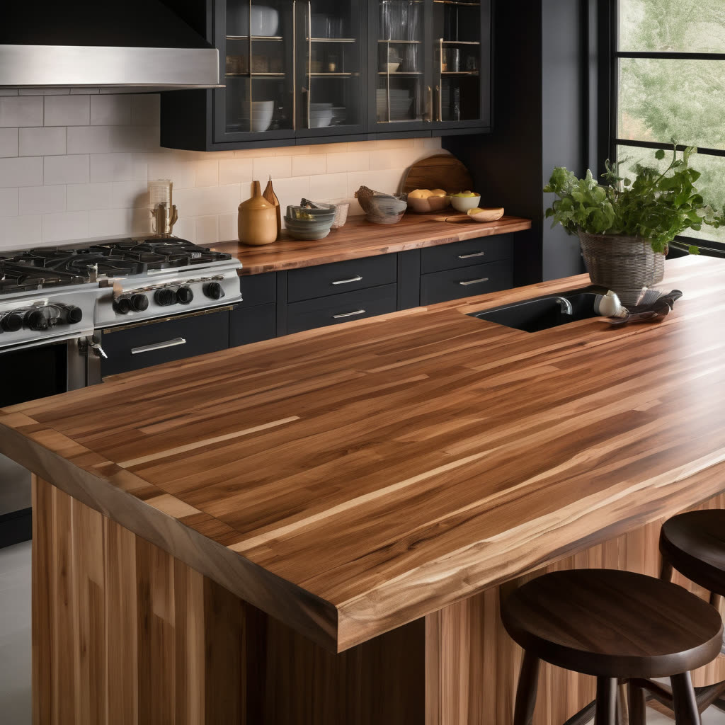 Wood countertop showing rich grain detail and matte finish in a modern kitchen workspace