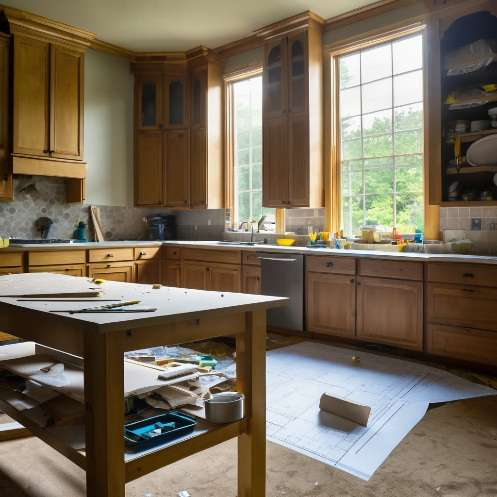 Homeowner's kitchen remodeling workspace with blueprint, measuring tape, pencil, countertop template, paint chips scattered on work table, natural window light, detailed planning shot