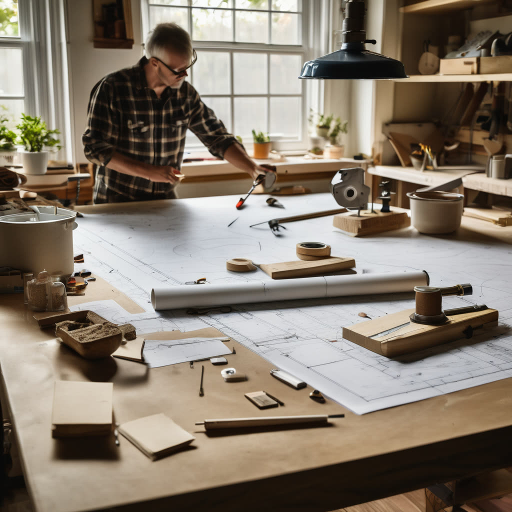 Homeowner's project workspace with blueprint, measuring tape, countertop template, and planning materials on work surface