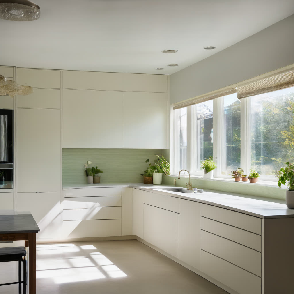 Bright kitchen with white cabinets, green backsplash and large windows