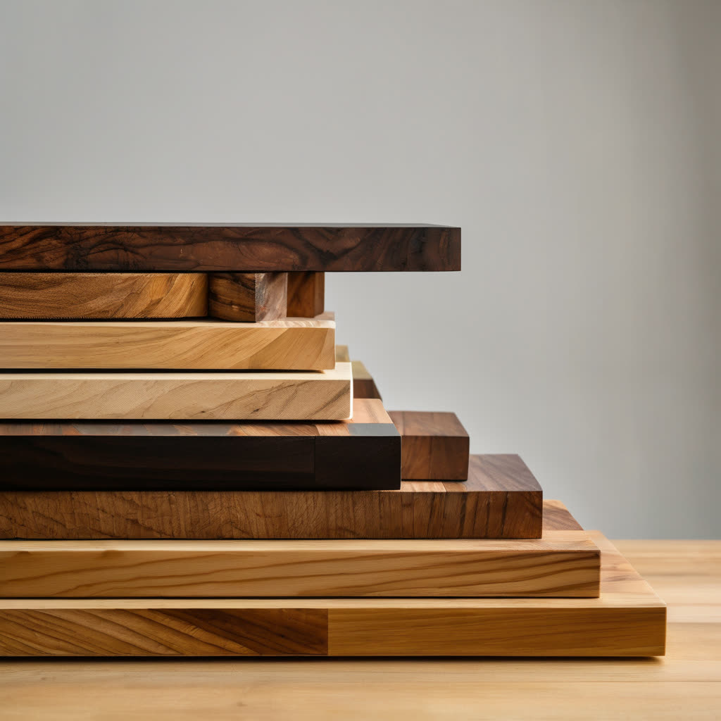 Arranged display of four different butcher block wood samples showing varied finishes, displayed in organized row against neutral background