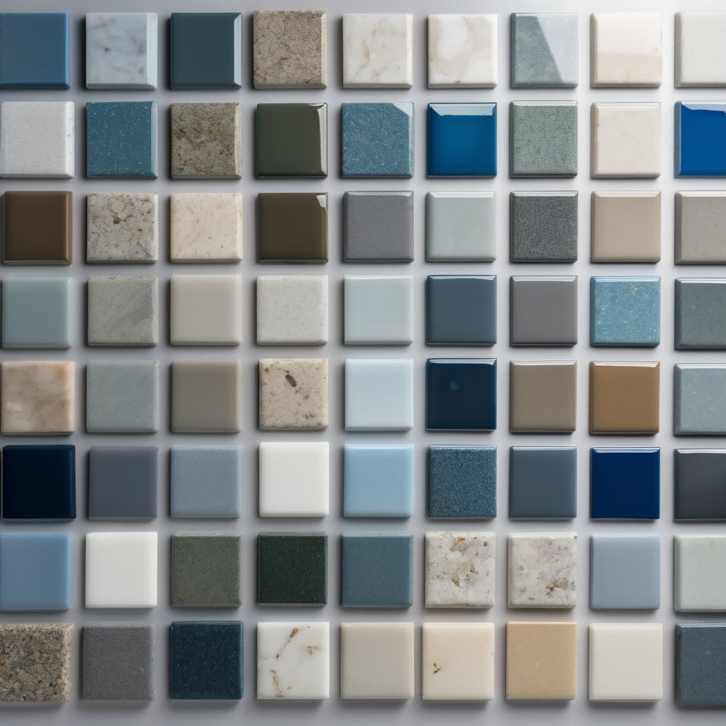 Array of quartz countertop color samples in different patterns and finishes, displayed on neutral backdrop with natural studio lighting