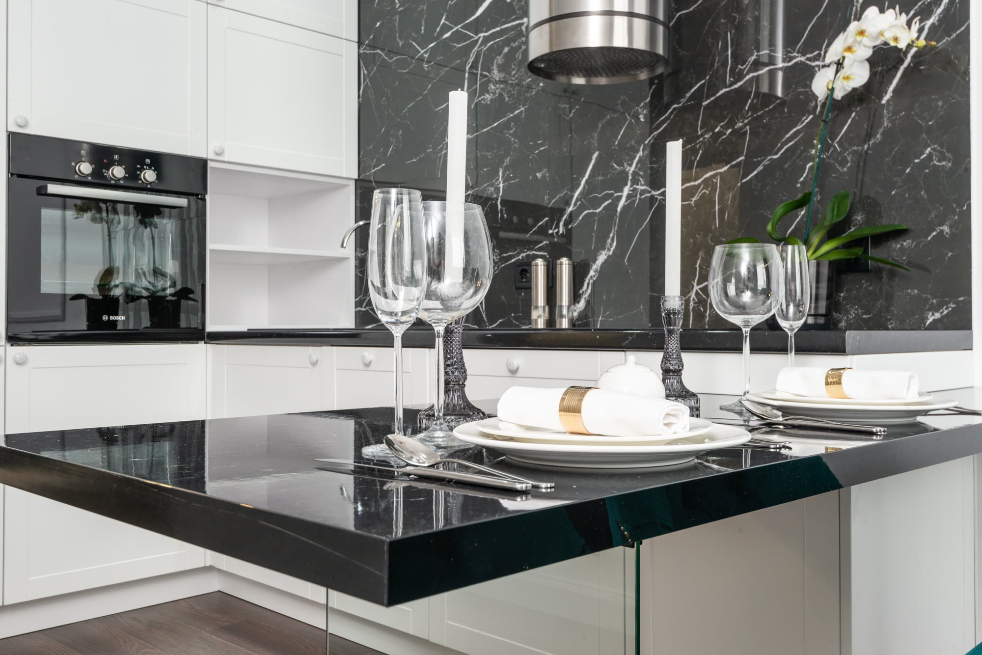 Close-up of professional quartz countertop installation showing precision seam finishing