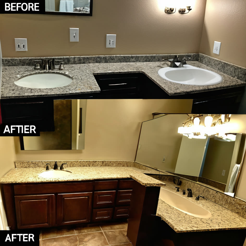 Before and after split-view of bathroom vanity transformation, showing old dated countertop then new granite or quartz installation, side-by-side comparison photography