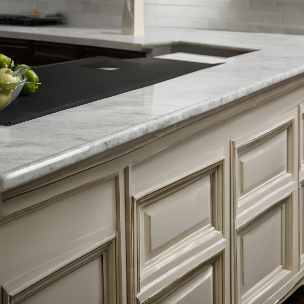 Overhead arrangement of five different countertop edge profiles—bullnose, beveled, ogee, square, and waterfall edge—displayed on contrasting surface showing architectural detail options
