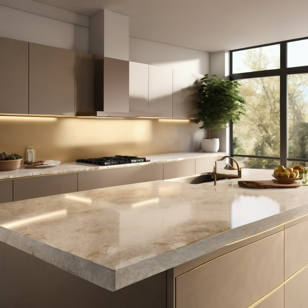 Polished quartz kitchen countertop with subtle veining patterns caught in golden afternoon sunlight streaming through window