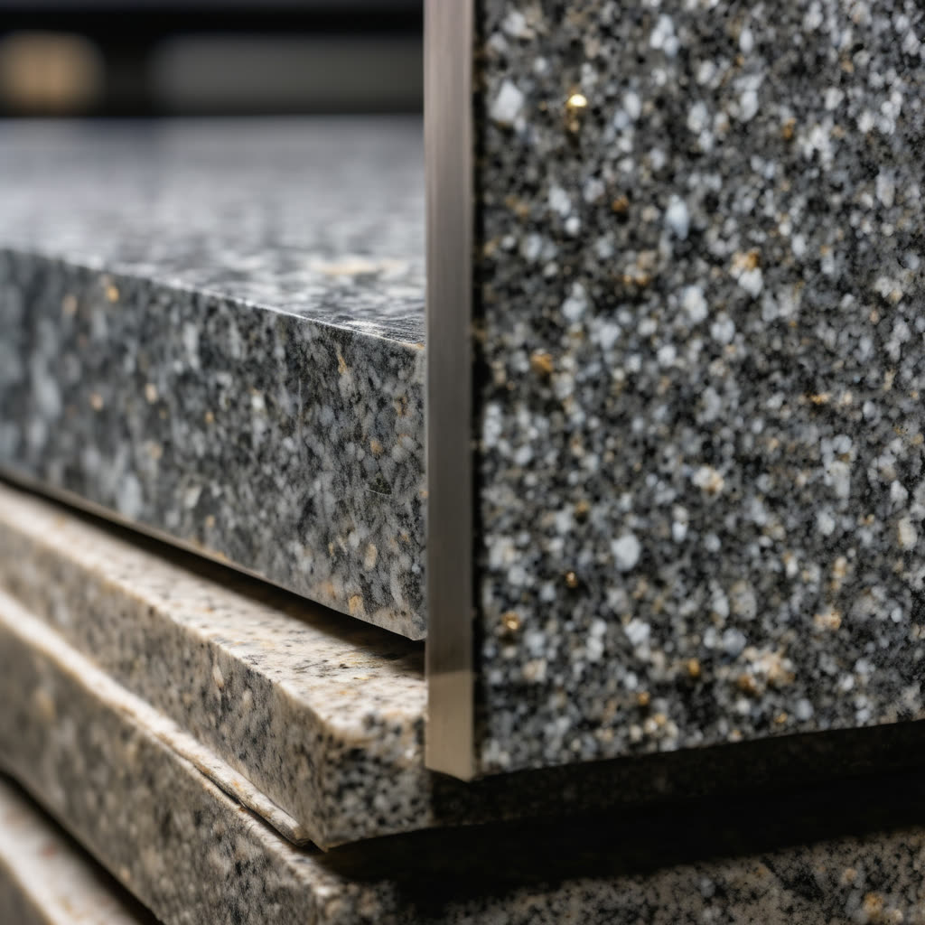 Close-up of granite slab edges and seam showing professional metal trim detail